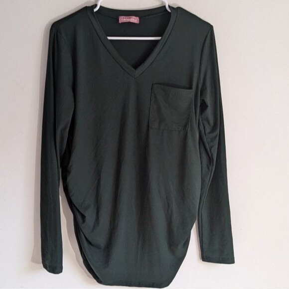 Ragdoll Green Vneck Ruched Long Sleeve Top Tshirt - Picture 1 of 5